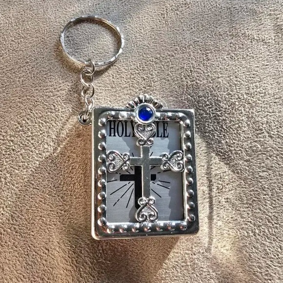 Silver Holy Bible Keychain with blue Gemstone 1 piece - Picture 2 of 14